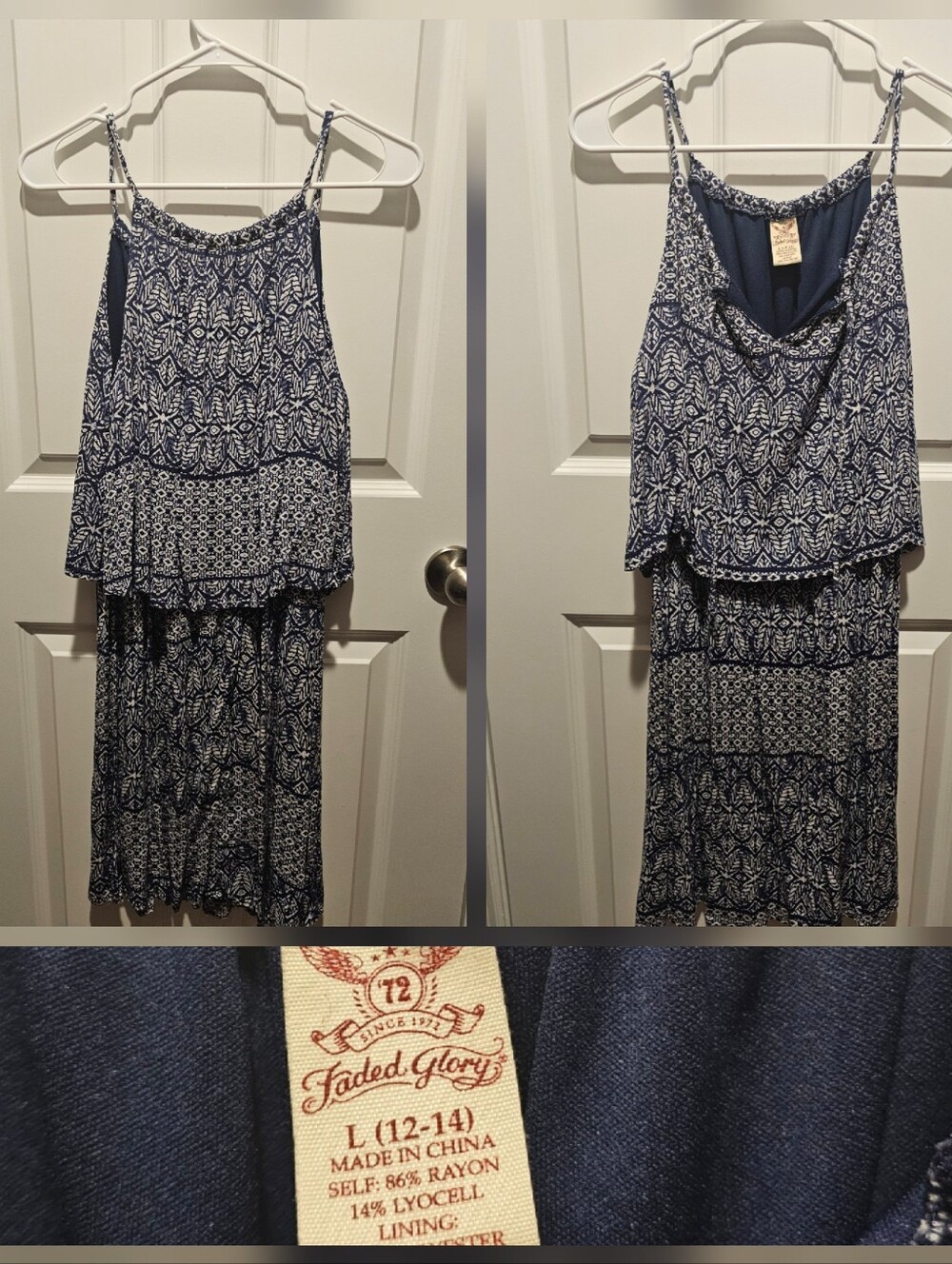 Faded Glory Navy and White Printed Tiered Spaghetti Strap Dress